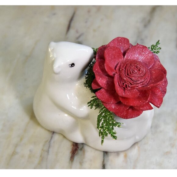 Small ceramic polar bear planter w/Sola sparkling red flower & festive fillers - Picture 2 of 6